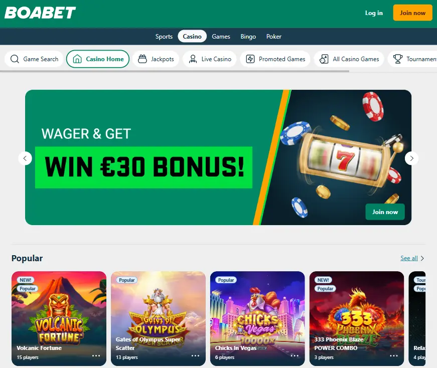 BoaBet Casino's welcome bonus offer and popular slot machines